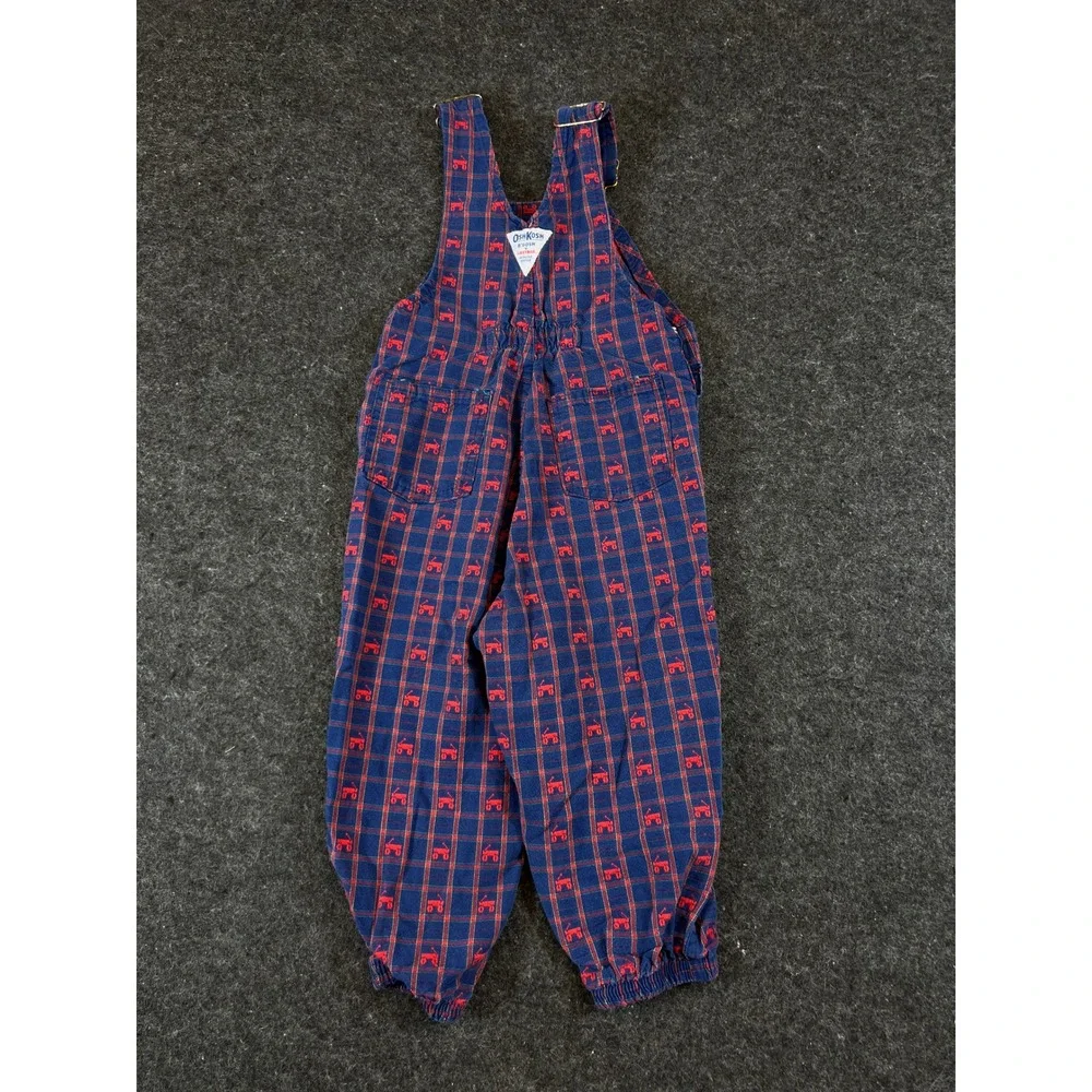 VINTAGE OshKosh Bgosh Overalls Kids 3T Blue Red Plaid Wagon AOP Vestbak USA 90s